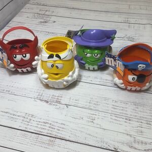 Set 4 1999 M&M Trick Or Treat Bucket Orange Red Green & Yellow Pirate Halloween